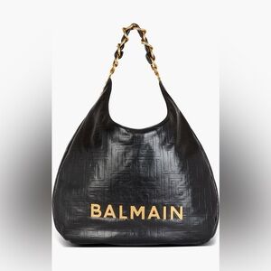 Balmain 1945 Soft Monogram Embossed Black Leather Logo Hobo Bag with Gold Chain